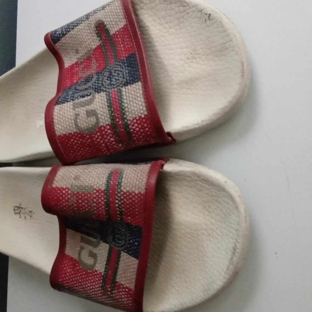 Gucci Red Blue Stripe Logo Slide Sandals‎ Slip On Shoes